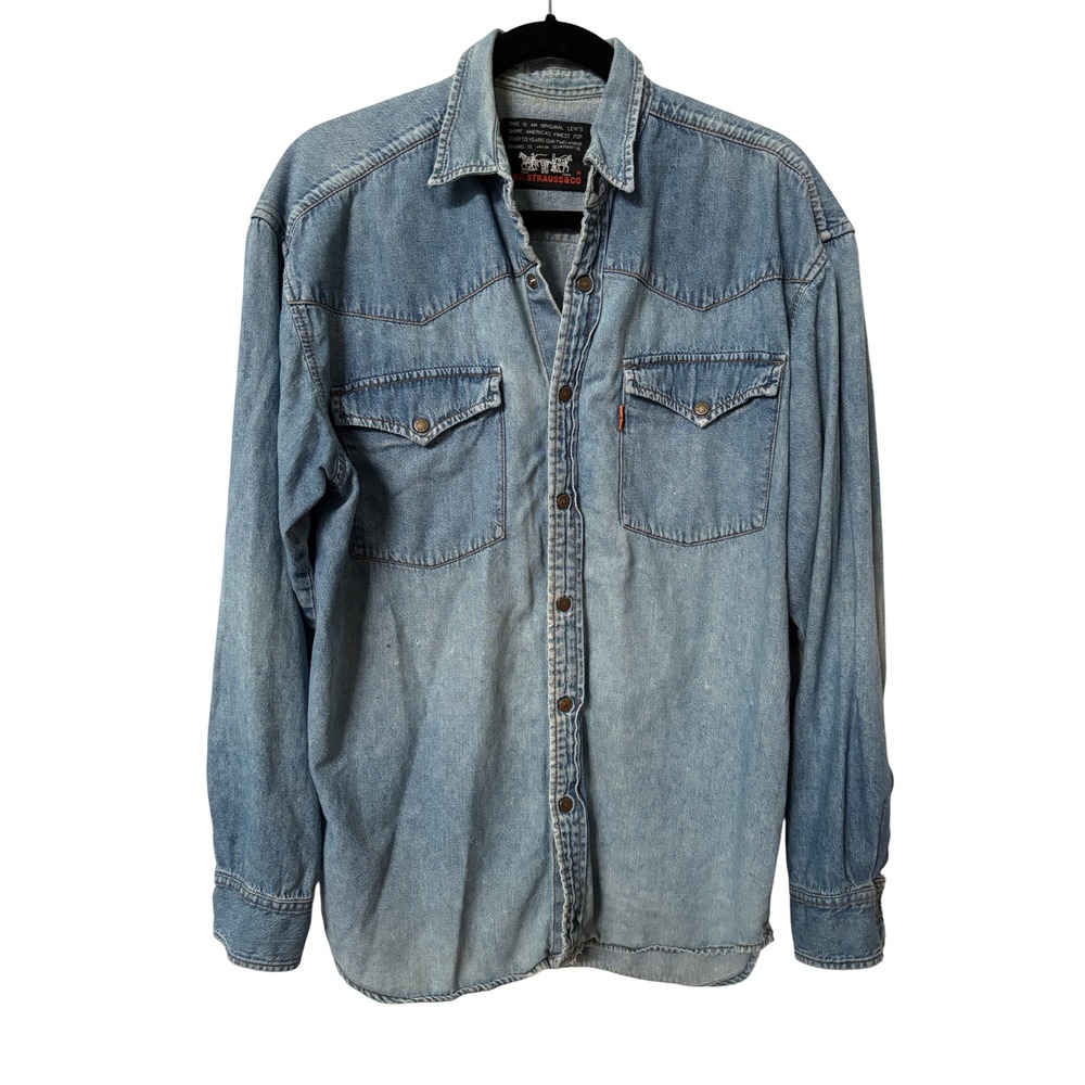 Levi Strauss & Co Mens Light Wash Denim Western Long Sleeve Shirt Orange Tab M